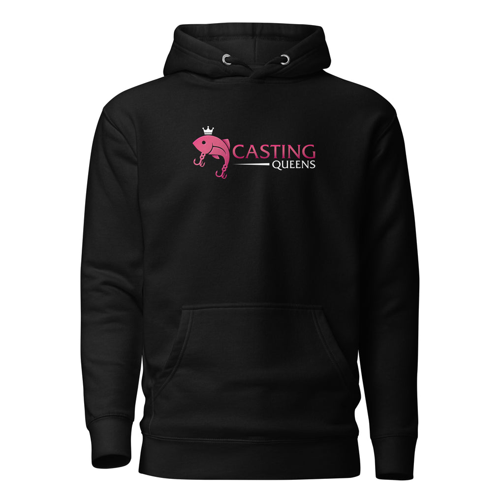 Black Casting Queens hoodie featuring a pink crowned fish and hooks logo on the chest, with a kangaroo pocket and drawstring hood