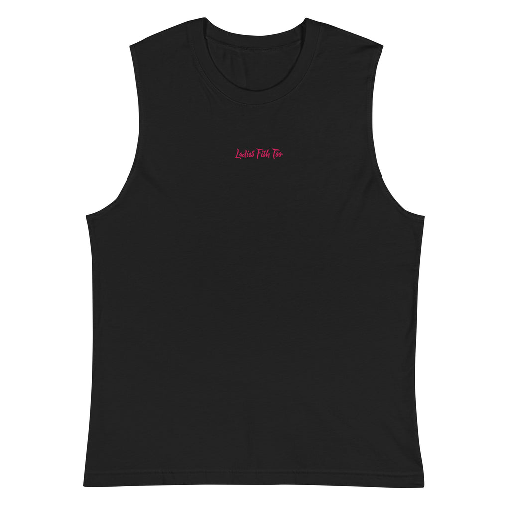 Black embroidered Casting Queens women’s fishing tank top featuring “Ladies Fish Too” script design, lightweight outdoor fishing apparel for women anglers, boating, and summer lake life adventures.