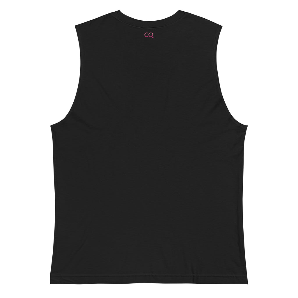 Back view of black embroidered Casting Queens women’s fishing tank top featuring pink CQ logo detail and lightweight outdoor fishing apparel for women anglers and summer lake life wear.