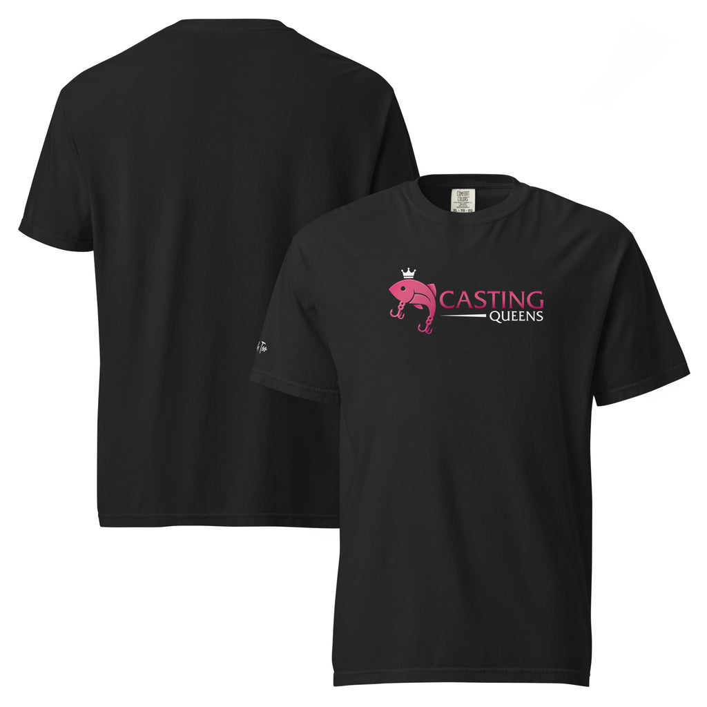 Front and back view of black Casting Queens women’s fishing t-shirt featuring pink fish logo design, comfortable women’s outdoor fishing apparel for anglers, boating, and casual everyday wear.