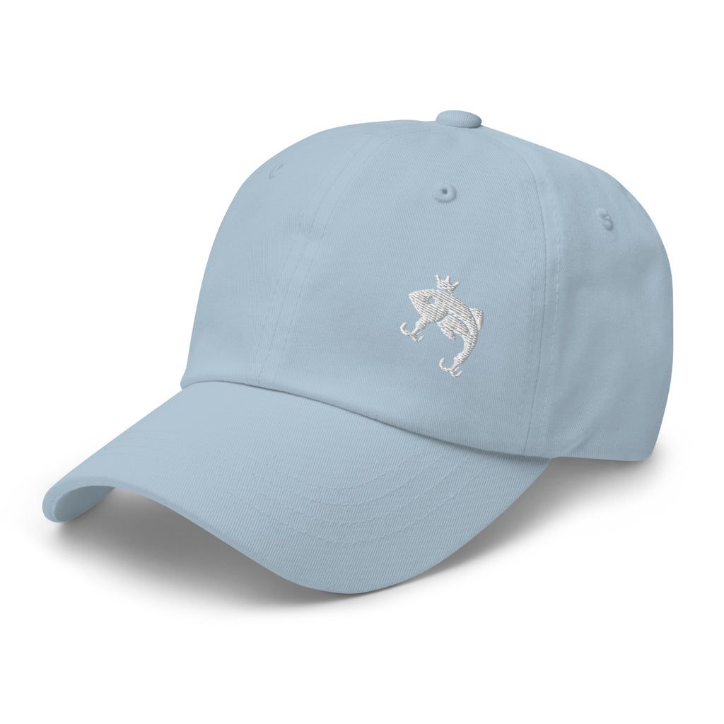 Light blue embroidered Casting Queens fishing hat featuring minimalist fish logo design, stylish women’s fishing apparel accessory for boating, lake life, and outdoor adventures.
