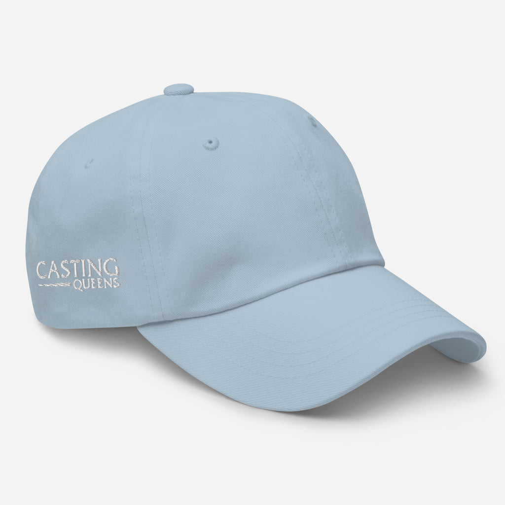 Side view of light blue embroidered Casting Queens fishing hat featuring logo detail and curved brim design, fashionable women’s fishing apparel accessory for boating, lake days, and outdoor adventures.