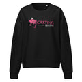 Black Casting Queens women’s Fishing apparel sweatshirt featuring pink fish logo and fishing hook design, stylish women’s outdoor fishing crewneck for anglers and casual wear.