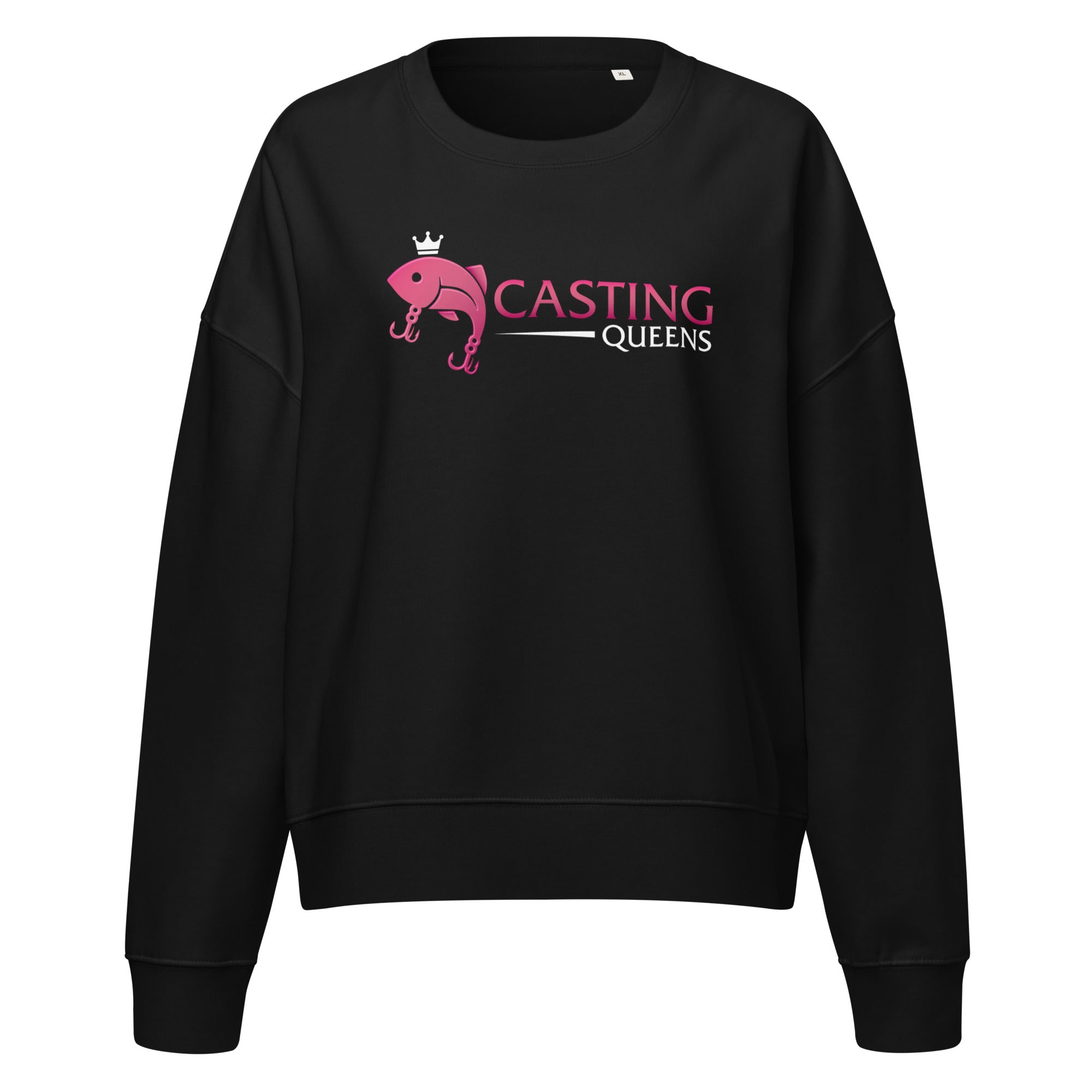 Black Casting Queens women’s Fishing apparel sweatshirt featuring pink fish logo and fishing hook design, stylish women’s outdoor fishing crewneck for anglers and casual wear.