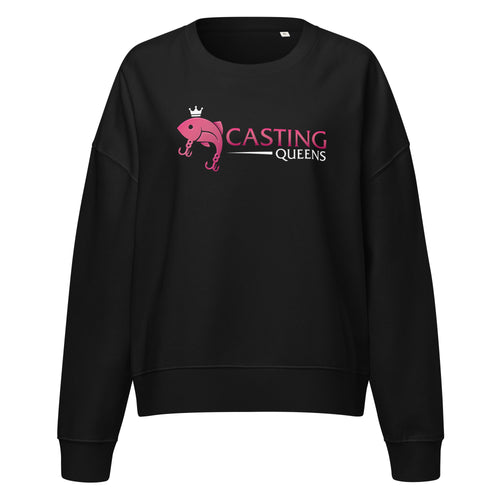 Black Casting Queens women’s Fishing apparel sweatshirt featuring pink fish logo and fishing hook design, stylish women’s outdoor fishing crewneck for anglers and casual wear.