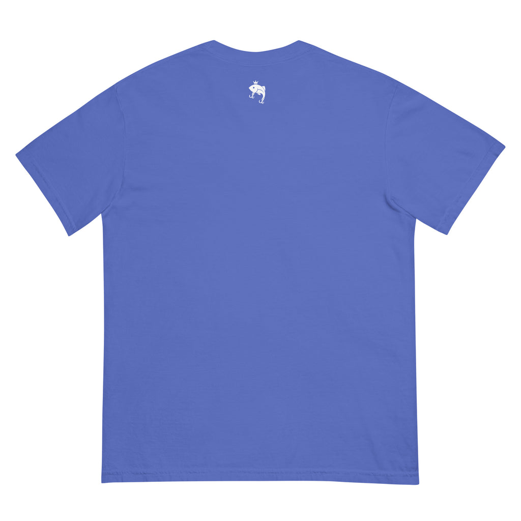 Back view of blue embroidered Casting Queens adult fishing t-shirt featuring minimalist fish logo detail and comfortable outdoor fishing apparel for women anglers and lake life adventures.