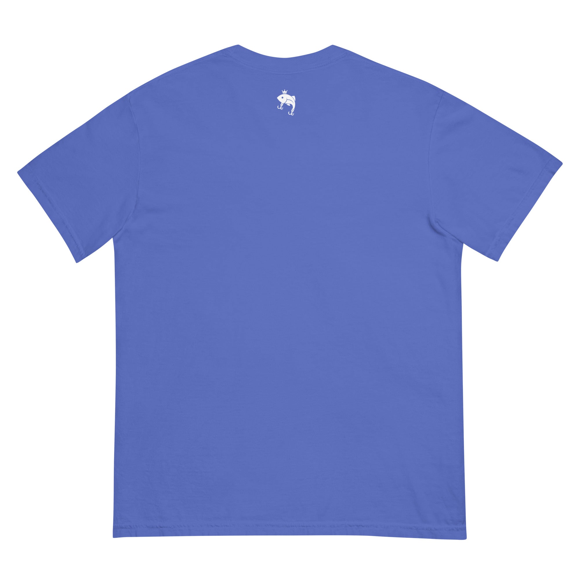 Back view of blue embroidered Casting Queens adult fishing t-shirt featuring minimalist fish logo detail and comfortable outdoor fishing apparel for women anglers and lake life adventures.