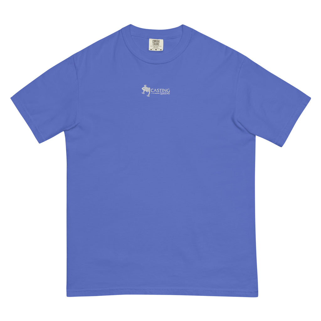 Blue embroidered Casting Queens adult fishing t-shirt featuring minimalist fish logo design, lightweight outdoor fishing apparel for women anglers, boating, and everyday casual wear.