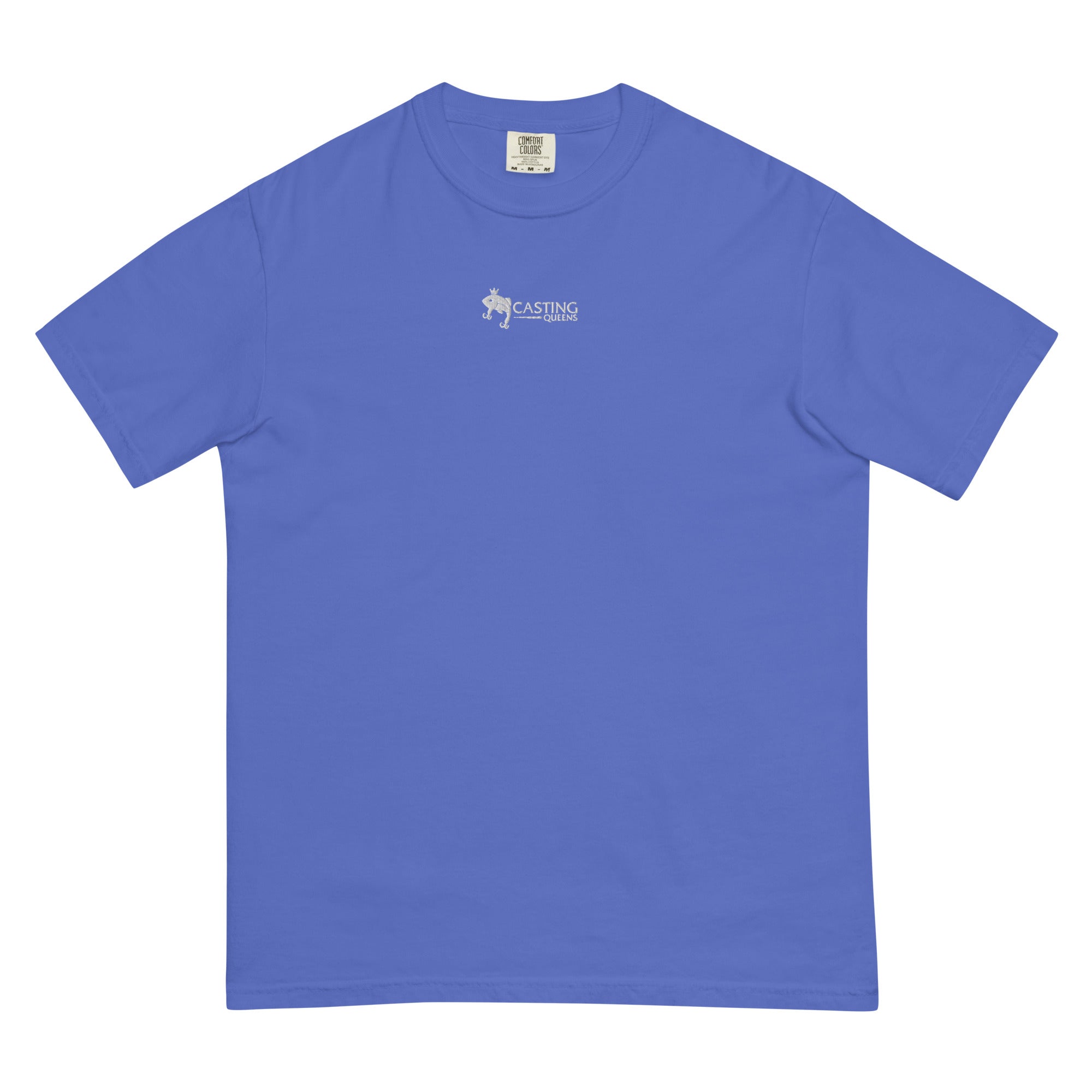 Blue embroidered Casting Queens adult fishing t-shirt featuring minimalist fish logo design, lightweight outdoor fishing apparel for women anglers, boating, and everyday casual wear.