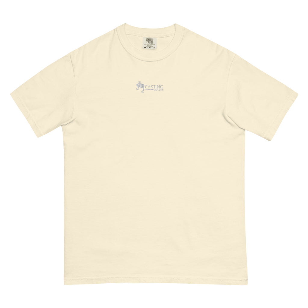 Ivory embroidered Casting Queens adult fishing t-shirt featuring minimalist fish logo design, premium outdoor fishing apparel for women anglers, boating, and casual everyday style.