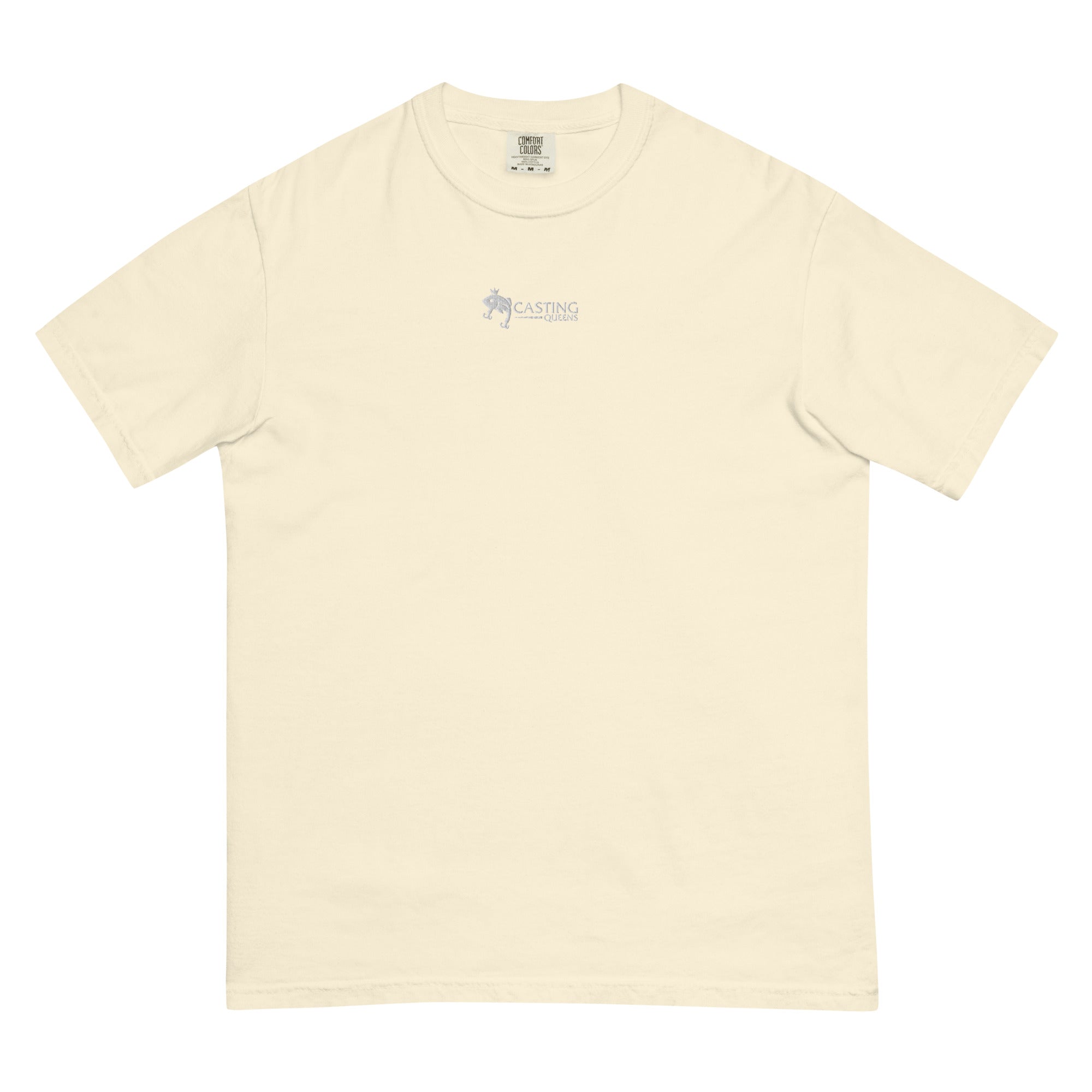 Ivory embroidered Casting Queens adult fishing t-shirt featuring minimalist fish logo design, premium outdoor fishing apparel for women anglers, boating, and casual everyday style.