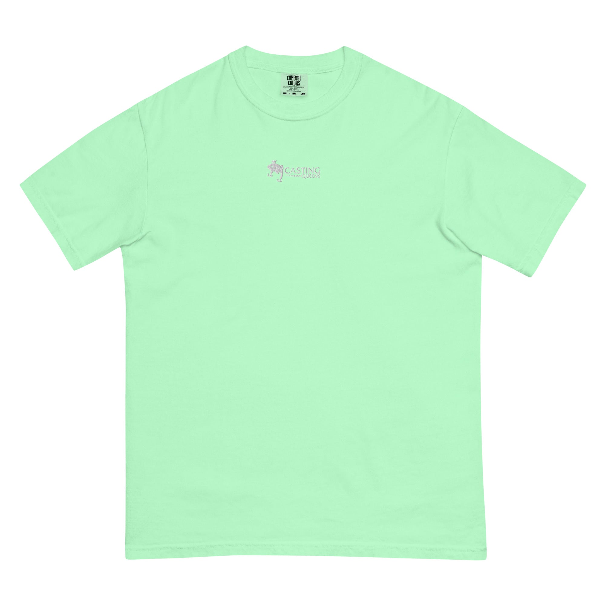 Mint green embroidered Casting Queens adult fishing t-shirt featuring minimalist fish logo design, stylish outdoor fishing apparel for women anglers, boating, and everyday comfort.