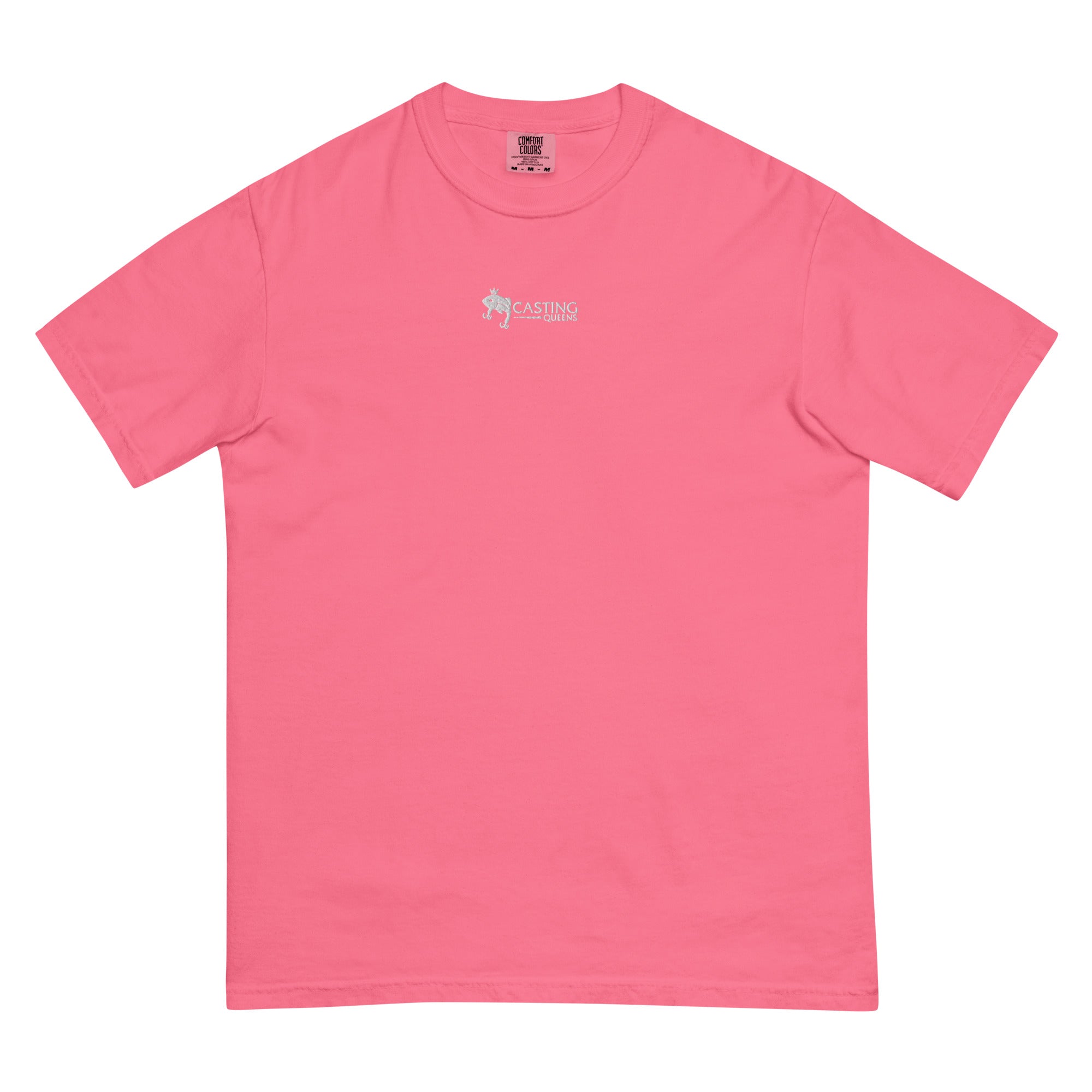 Pink embroidered Casting Queens adult fishing t-shirt featuring minimalist fish logo design, lightweight outdoor fishing apparel for women anglers, boating, and everyday casual style.