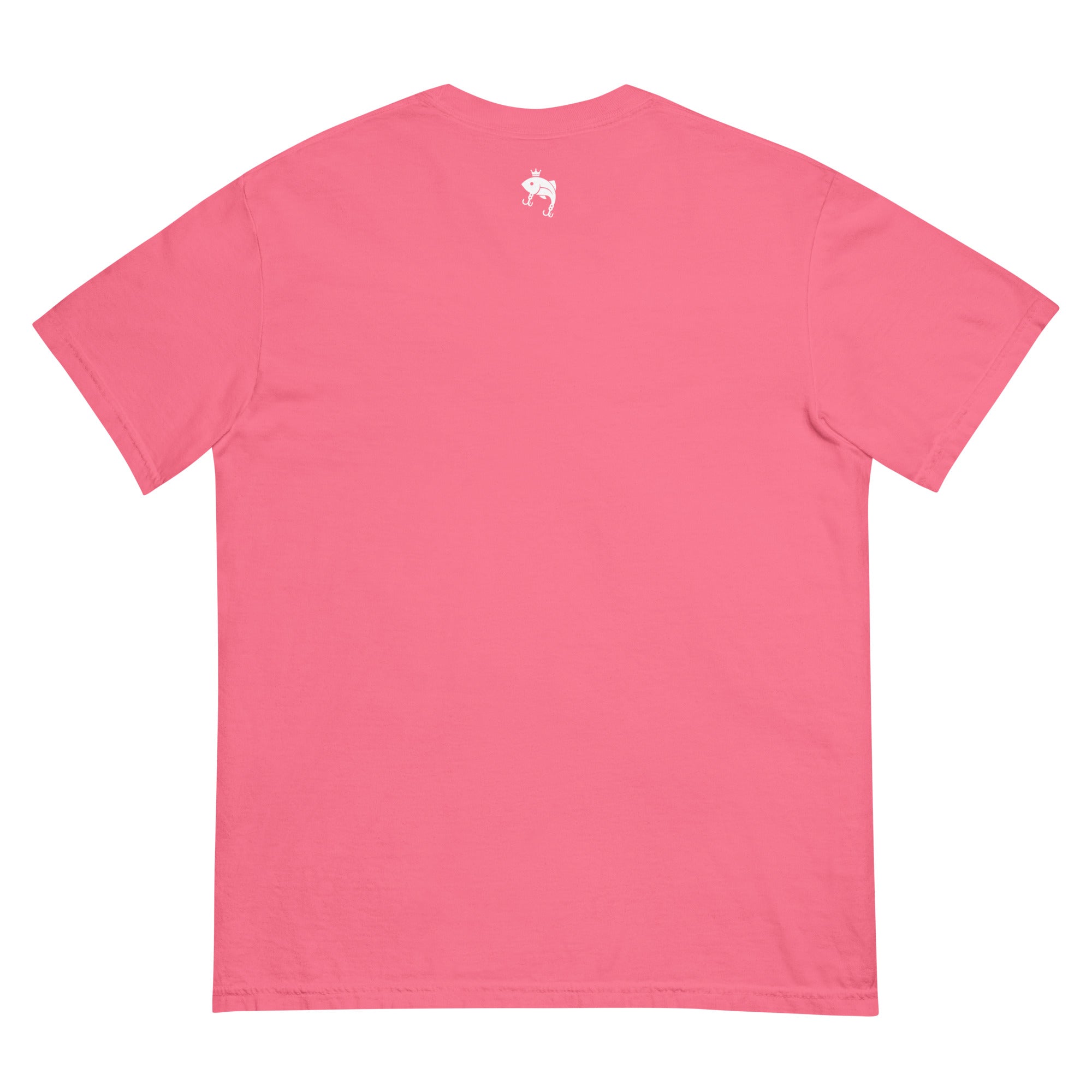 Back view of pink embroidered Casting Queens adult fishing t-shirt featuring subtle fish logo detail and comfortable outdoor fishing apparel for women anglers and lake life wear.
