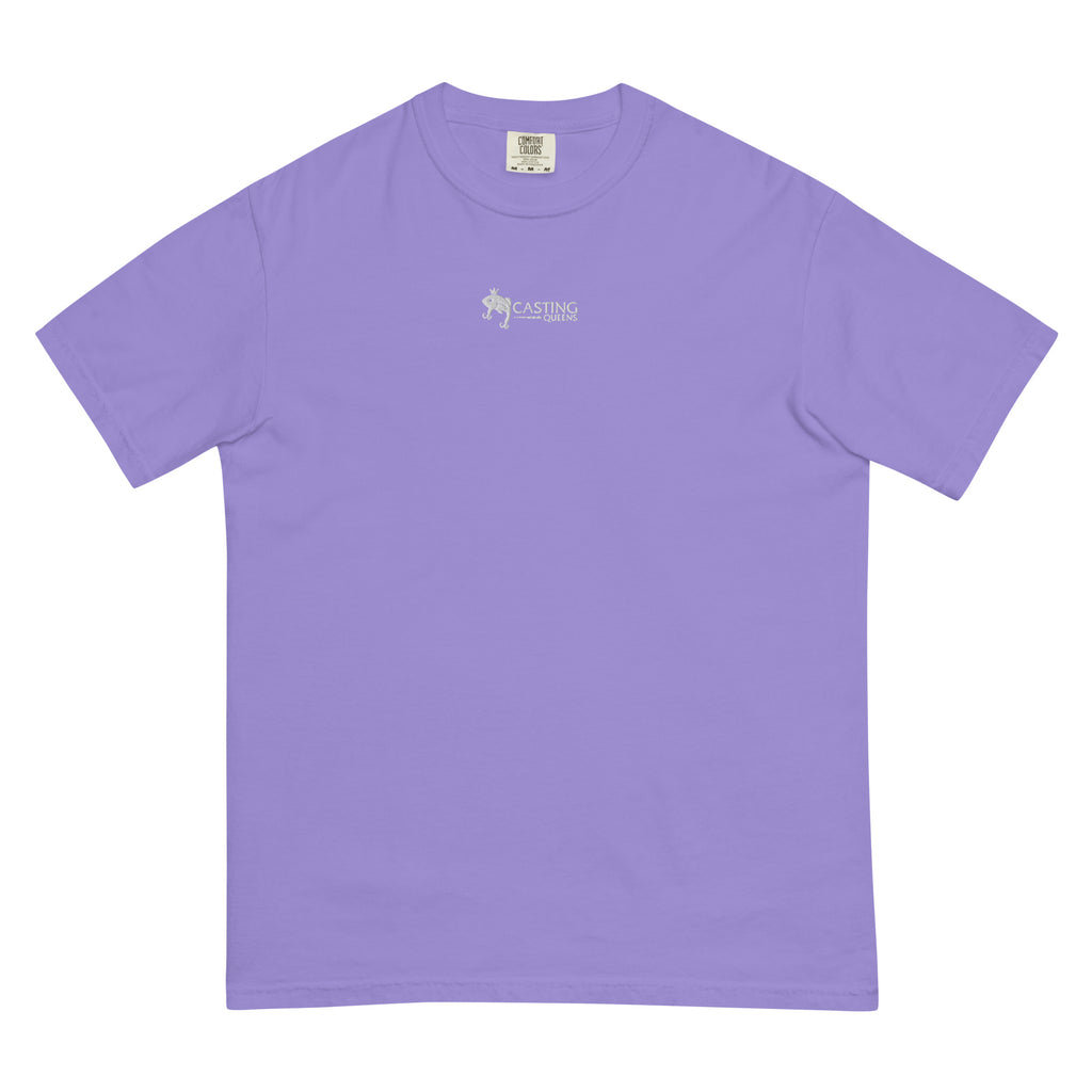 Purple embroidered Casting Queens adult fishing t-shirt featuring minimalist fish logo design, soft outdoor fishing apparel for women anglers, boating, and everyday casual comfort.