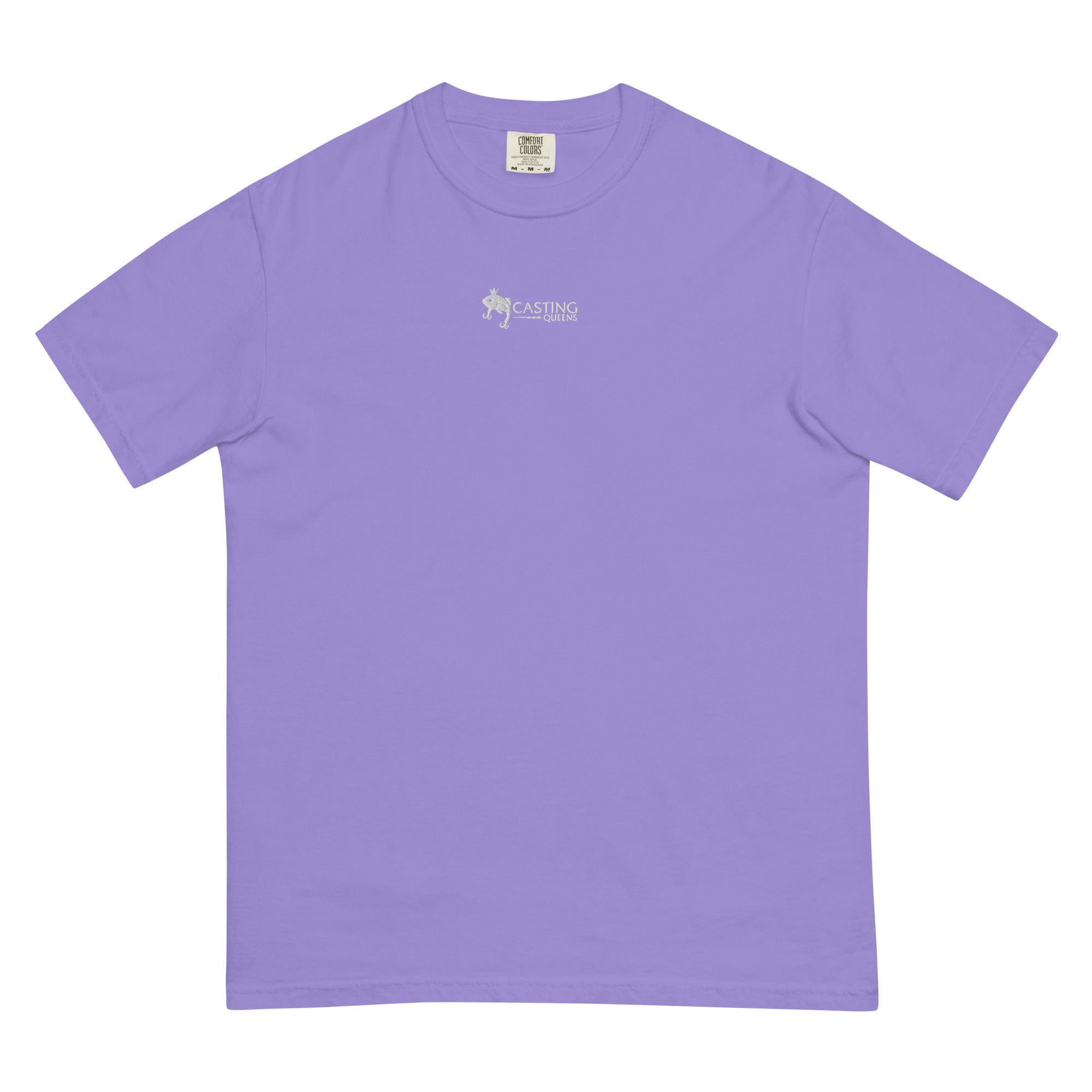 Purple embroidered Casting Queens adult fishing t-shirt featuring minimalist fish logo design, soft outdoor fishing apparel for women anglers, boating, and everyday casual comfort.