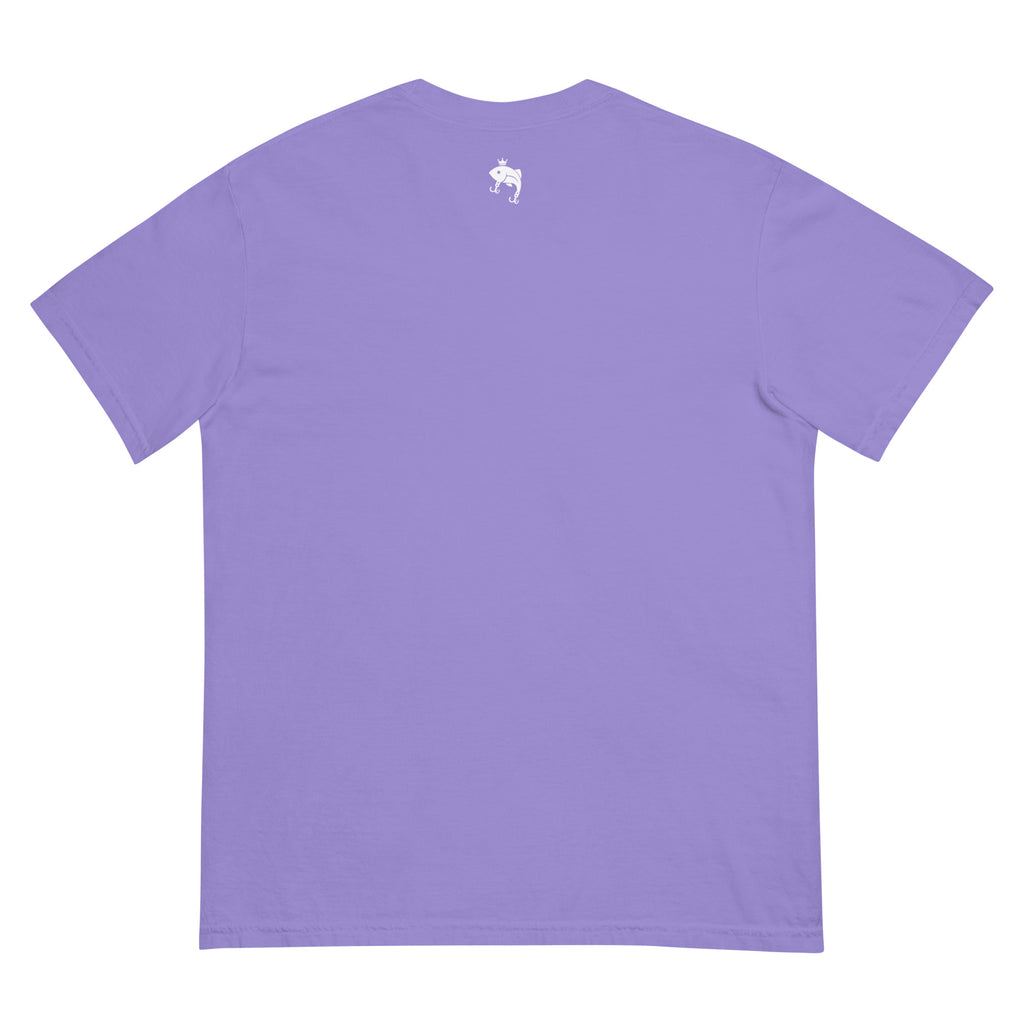 Back view of purple embroidered Casting Queens adult fishing t-shirt featuring minimalist fish logo detail and stylish outdoor fishing apparel for women anglers and everyday wear.