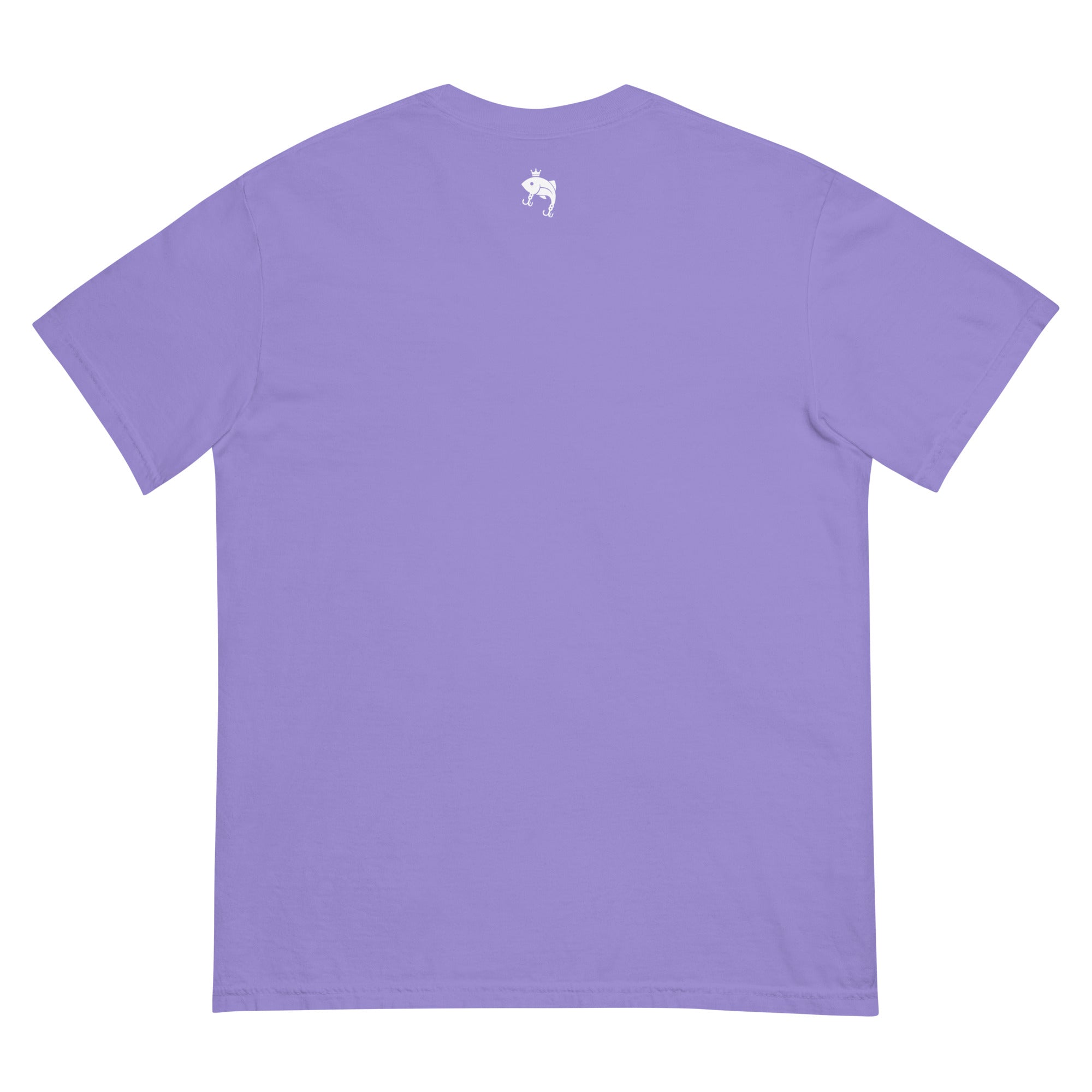 Back view of purple embroidered Casting Queens adult fishing t-shirt featuring minimalist fish logo detail and stylish outdoor fishing apparel for women anglers and everyday wear.