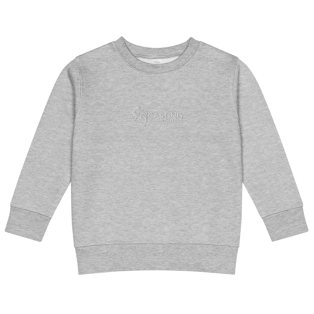 Gray Casting Queens toddler fishing sweatshirt featuring embroidered fish logo design, cozy youth outdoor fishing apparel for little anglers and everyday casual style.