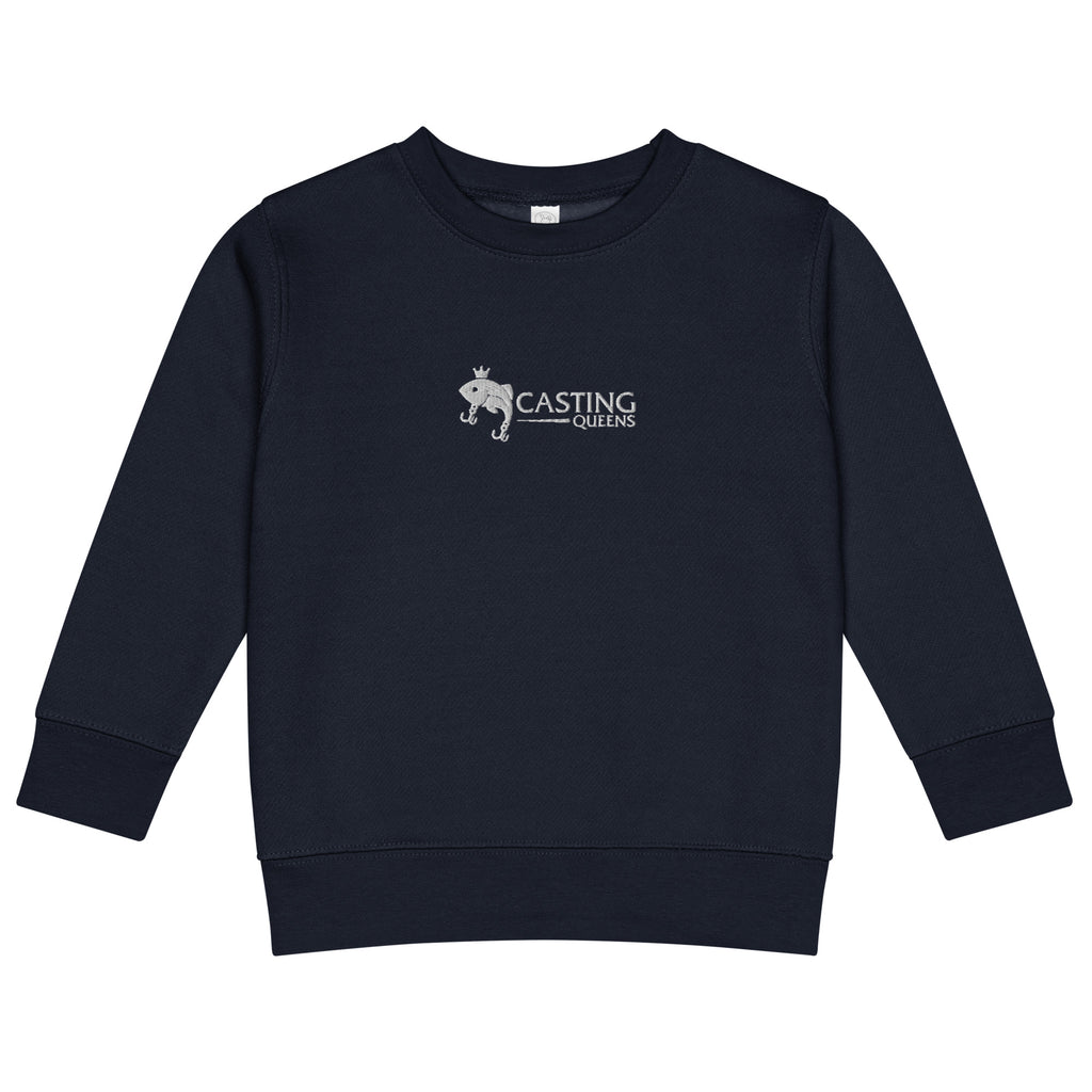 Navy Casting Queens toddler fishing sweatshirt featuring embroidered fish logo design, comfortable youth outdoor fishing apparel for little anglers and everyday wear.
