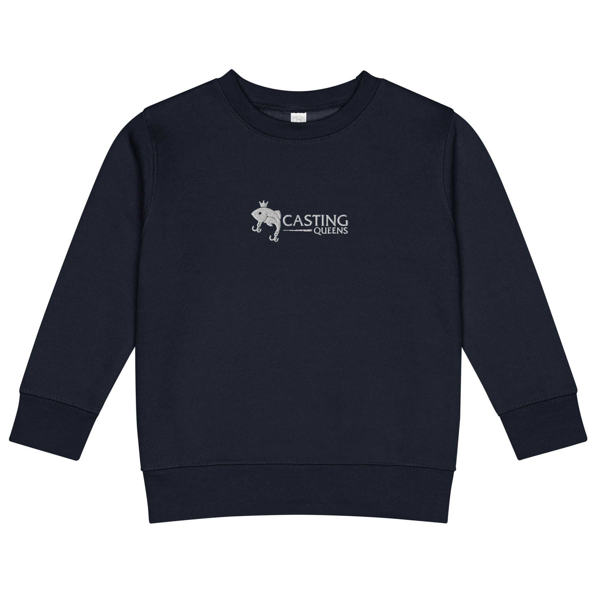 Navy Casting Queens toddler fishing sweatshirt featuring embroidered fish logo design, comfortable youth outdoor fishing apparel for little anglers and everyday wear.