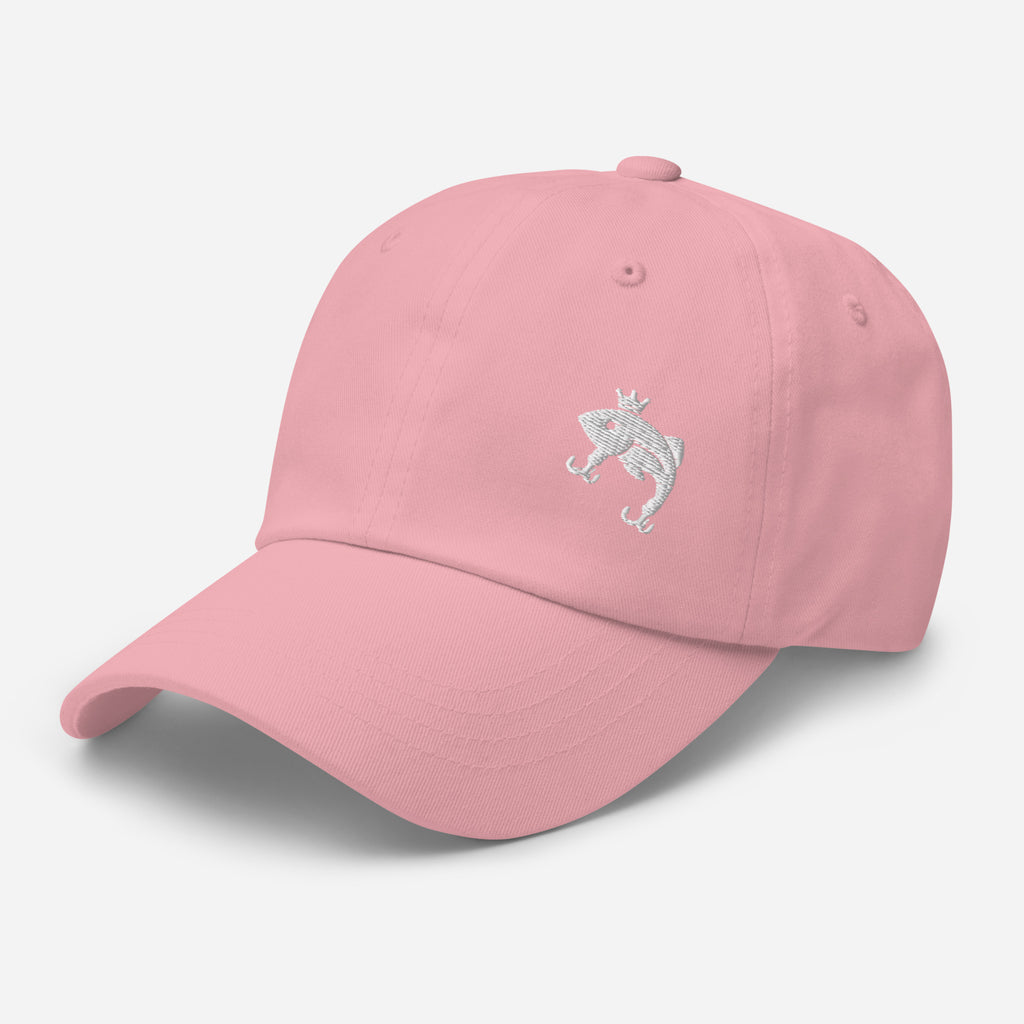 Pink embroidered Casting Queens fishing hat featuring minimalist fish logo design, trendy women’s fishing apparel accessory for boating, lake life, and outdoor adventures.