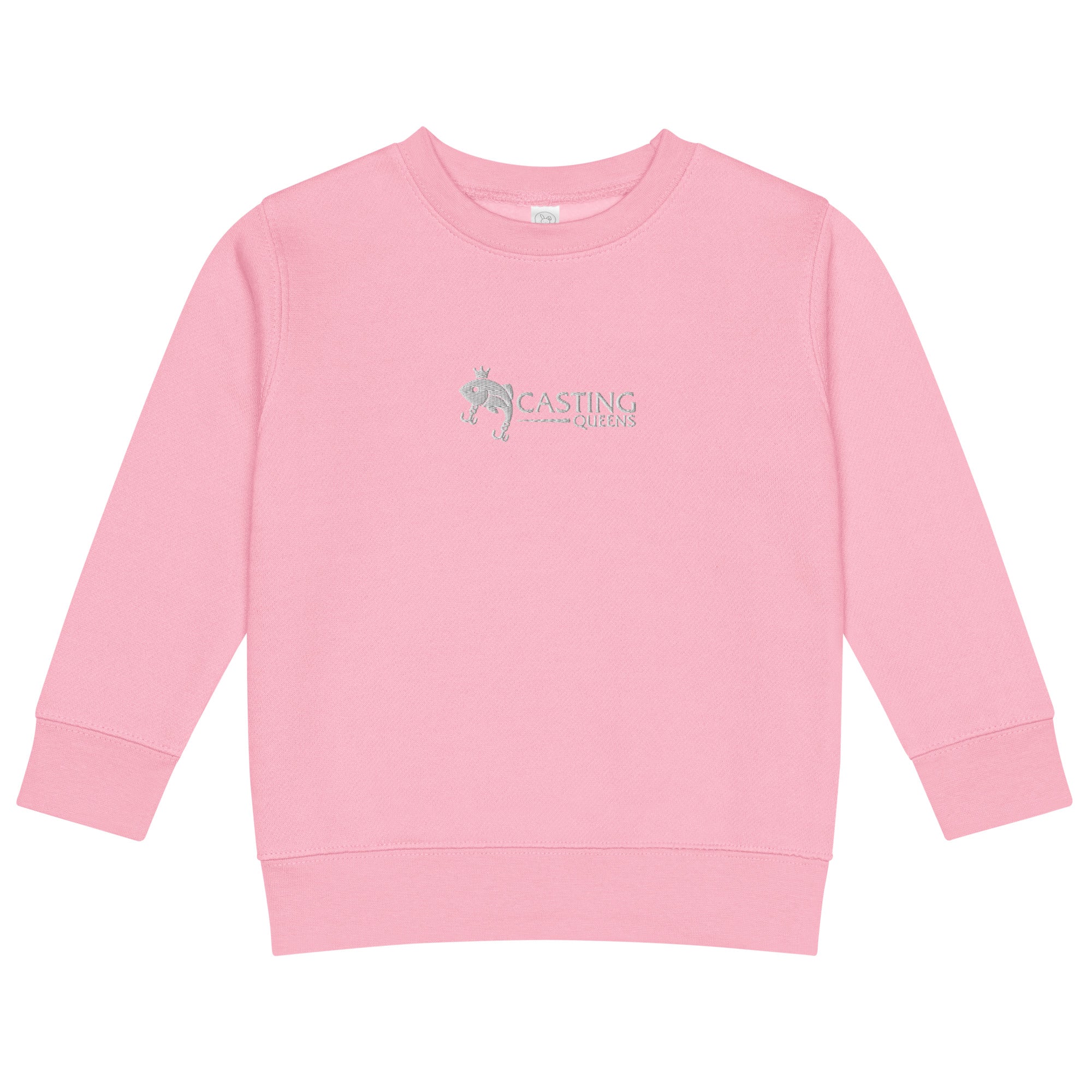 Pink Casting Queens toddler fishing sweatshirt featuring embroidered fish logo design, soft youth outdoor fishing apparel for little girl anglers and everyday casual comfort.
