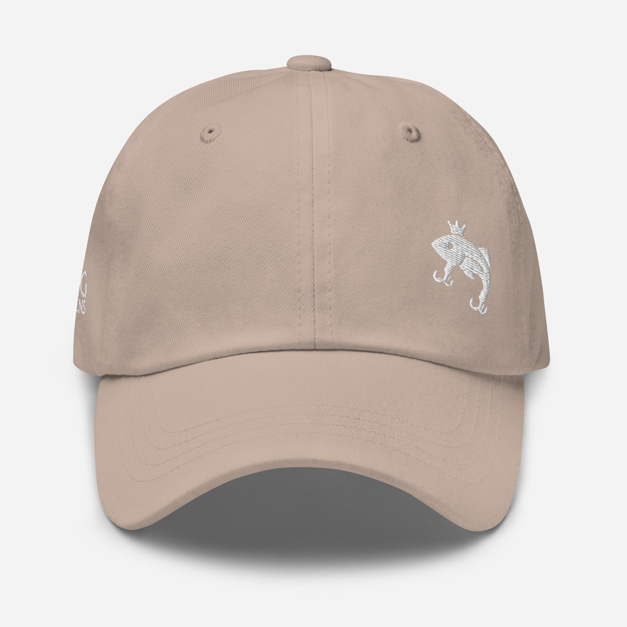 Tan embroidered Casting Queens fishing hat featuring minimalist fish logo design, stylish women’s fishing apparel accessory for boating, lake life, and outdoor adventures.