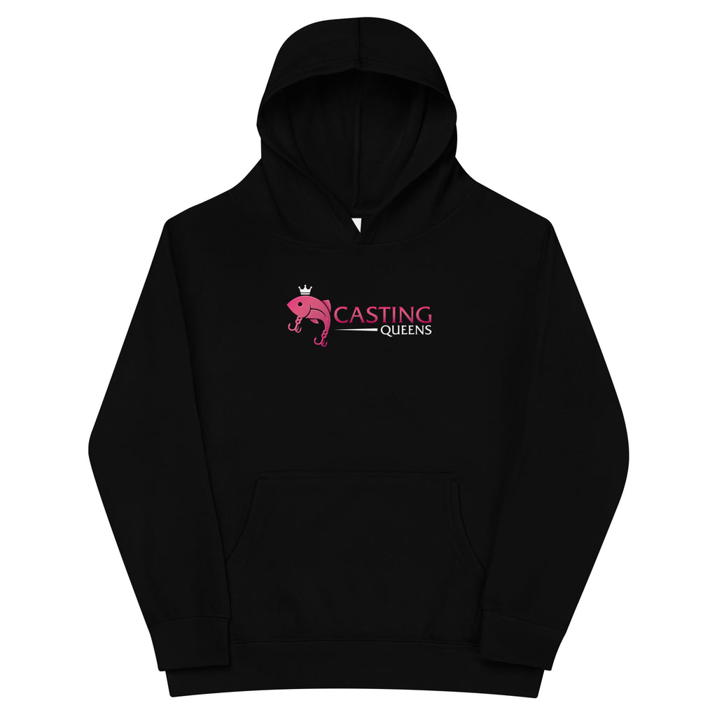 Black Casting Queens youth fishing hoodie featuring pink fish logo design, comfortable outdoor fishing apparel for young anglers, boating, and everyday casual wear.