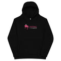 Black Casting Queens youth fishing hoodie featuring pink fish logo design, comfortable outdoor fishing apparel for young anglers, boating, and everyday casual wear.