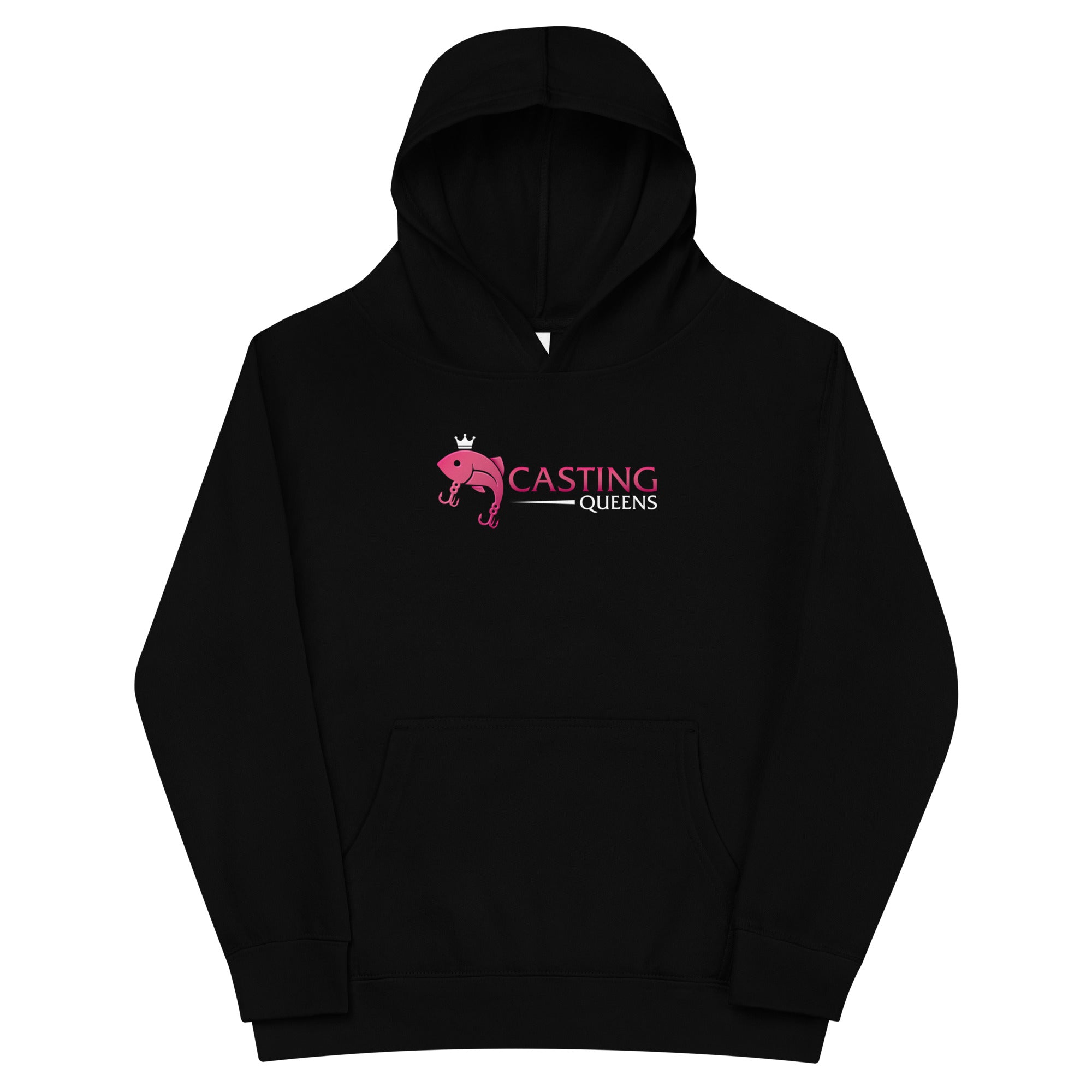 Black Casting Queens youth fishing hoodie featuring pink fish logo design, comfortable outdoor fishing apparel for young anglers, boating, and everyday casual wear.
