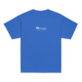 Blue Casting Queens youth fishing t-shirt featuring embroidered fish logo design, comfortable outdoor fishing apparel for young anglers and everyday casual wear.