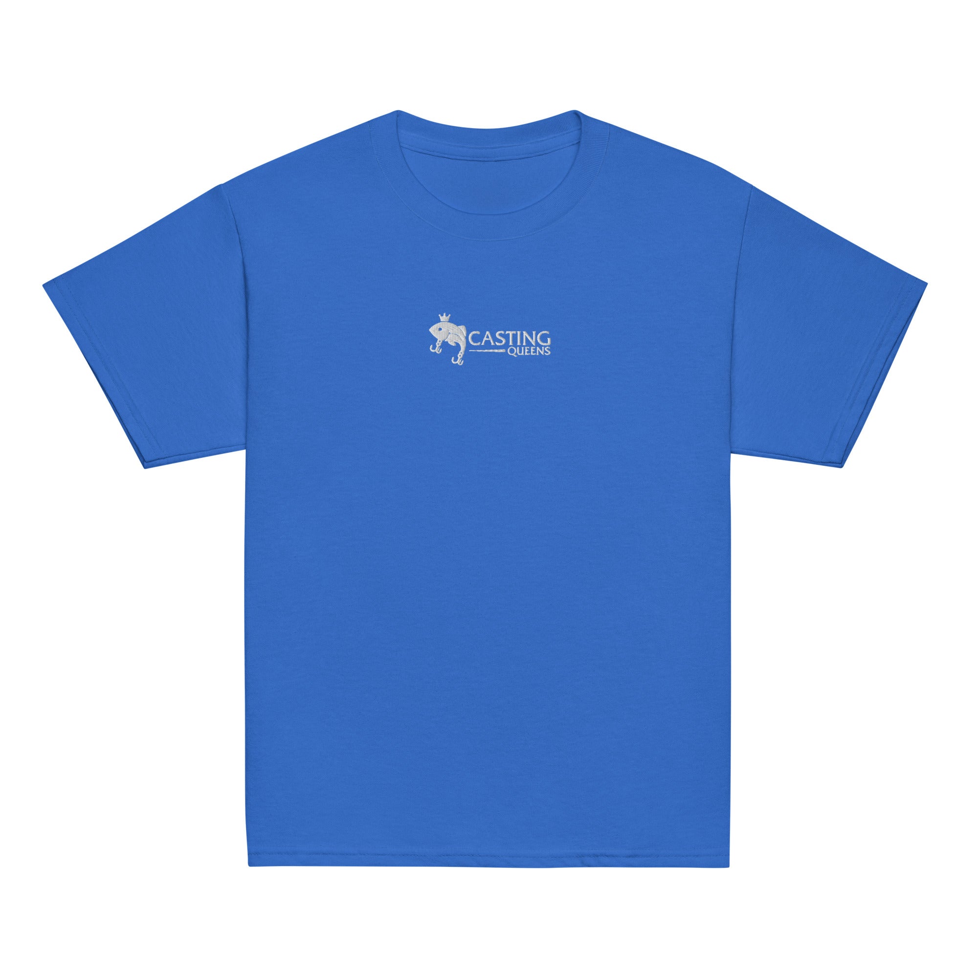 Blue Casting Queens youth fishing t-shirt featuring embroidered fish logo design, comfortable outdoor fishing apparel for young anglers and everyday casual wear.