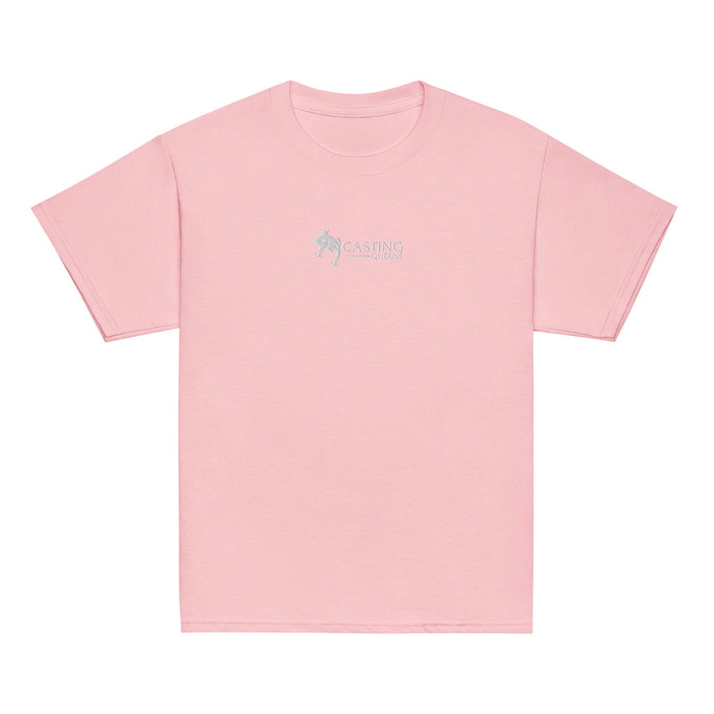 Light pink Casting Queens youth fishing t-shirt featuring embroidered fish logo design, stylish outdoor fishing apparel for young anglers and everyday comfort.