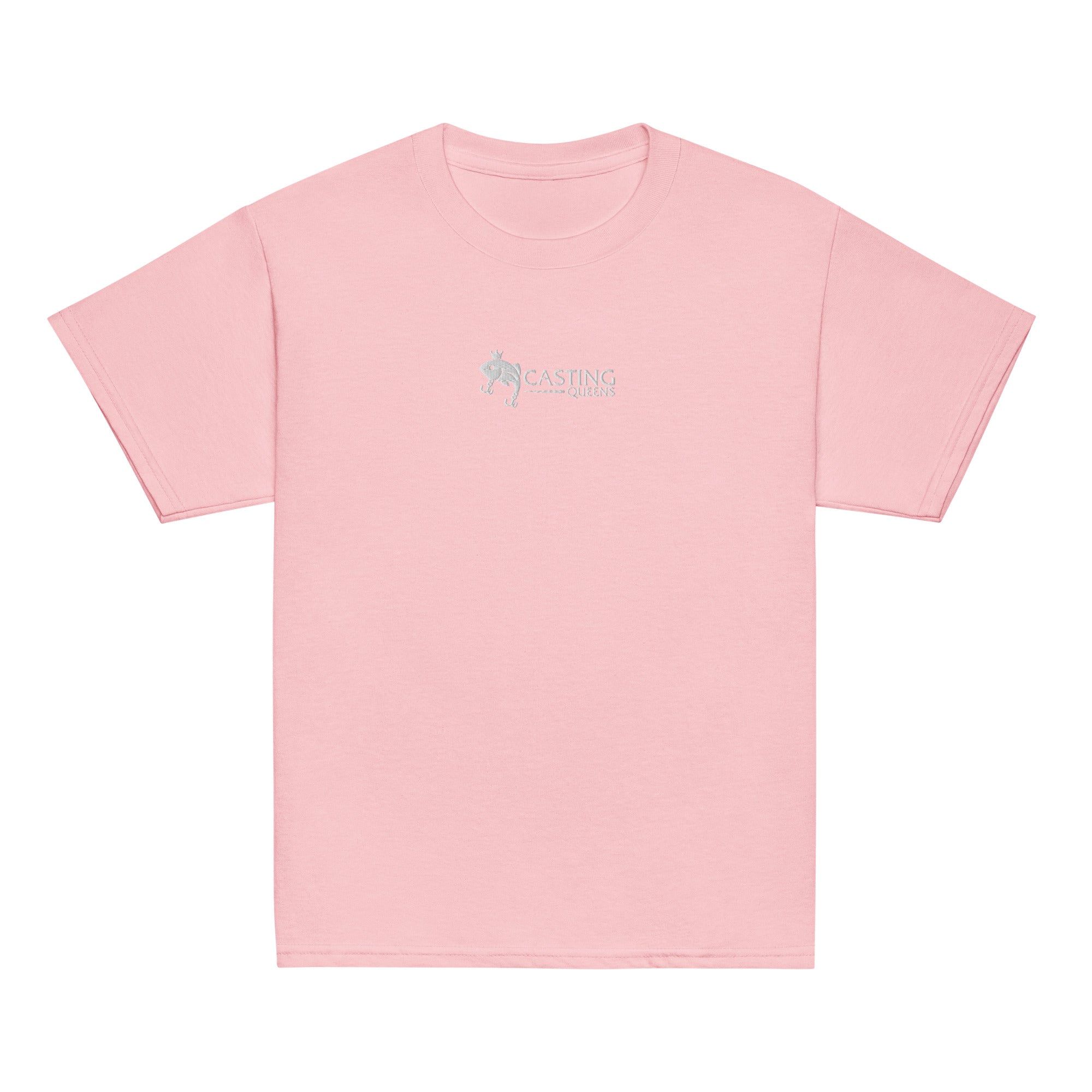 Light pink Casting Queens youth fishing t-shirt featuring embroidered fish logo design, stylish outdoor fishing apparel for young anglers and everyday comfort.