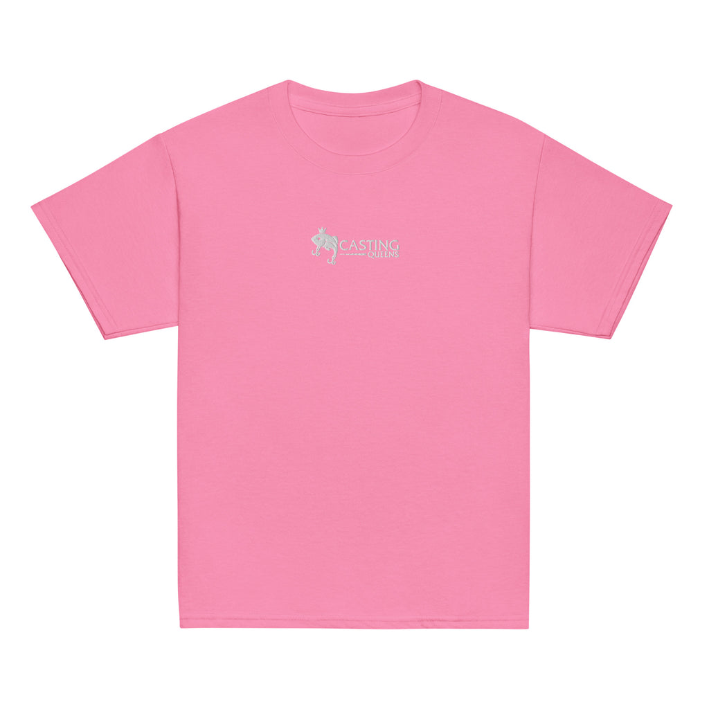 Pink Casting Queens youth fishing t-shirt featuring embroidered fish logo design, soft outdoor fishing apparel for young girl anglers and everyday casual comfort.
