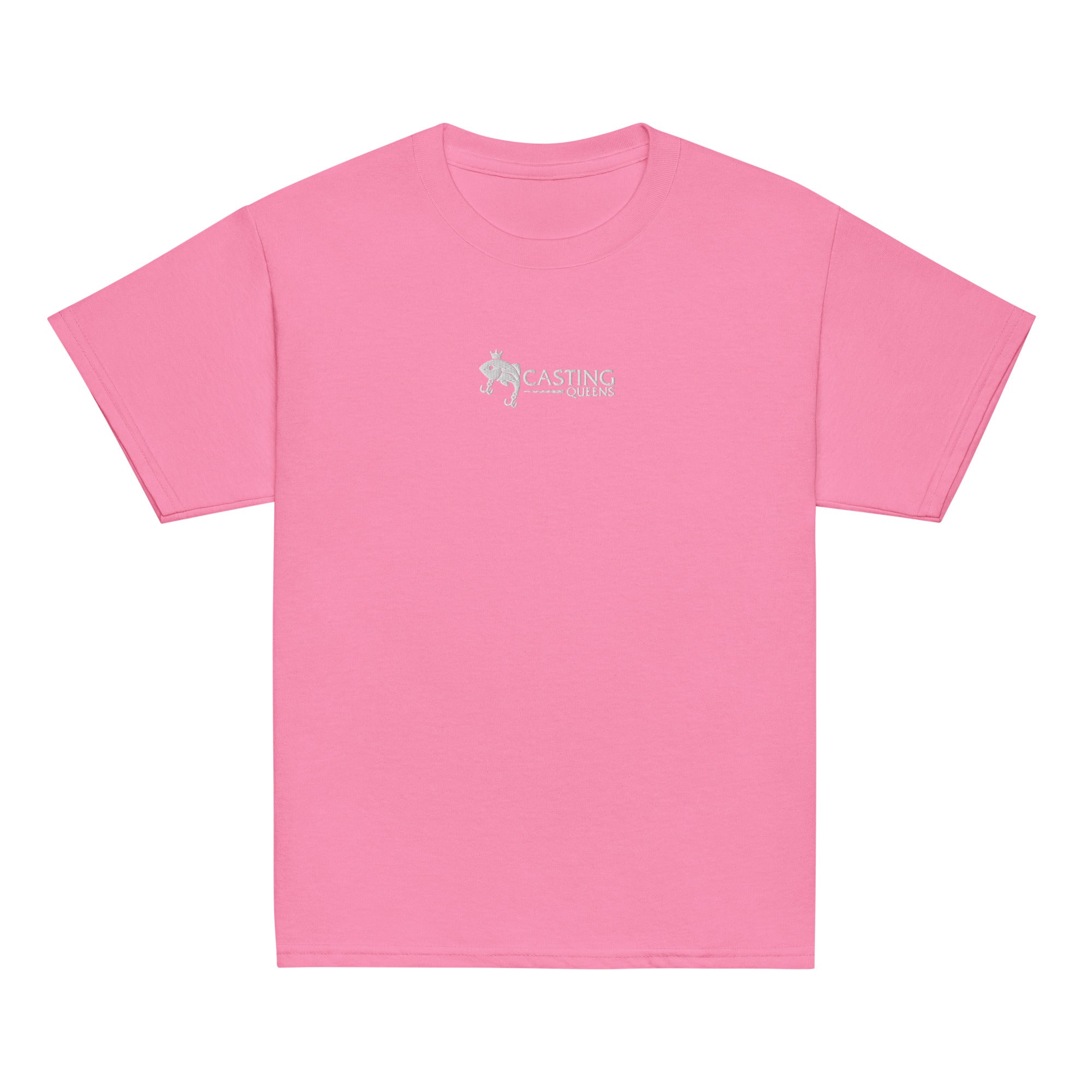 Pink Casting Queens youth fishing t-shirt featuring embroidered fish logo design, soft outdoor fishing apparel for young girl anglers and everyday casual comfort.