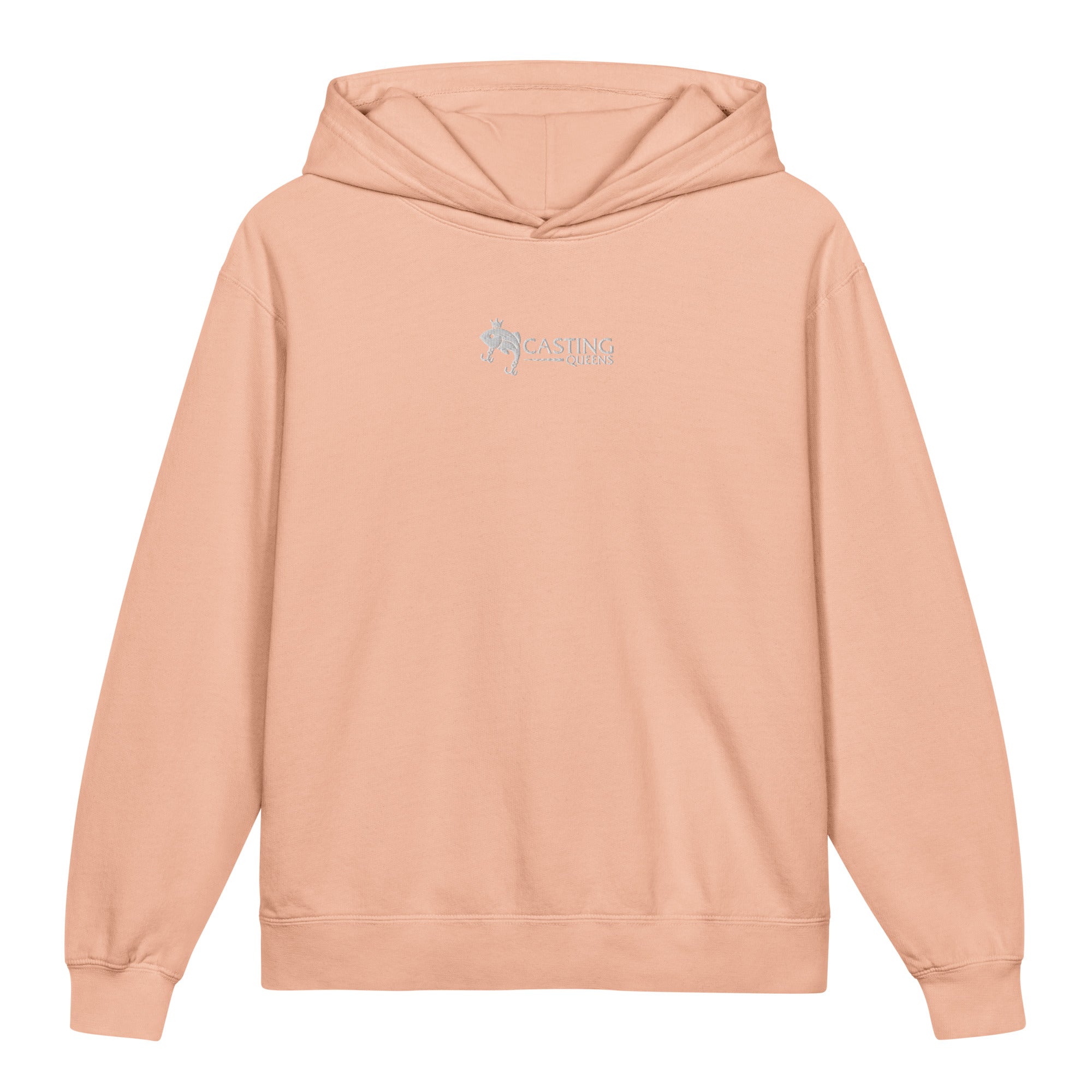 Peach embroidered Casting Queens youth fishing hoodie featuring minimalist fish logo design, cozy outdoor fishing apparel for young anglers and everyday casual wea