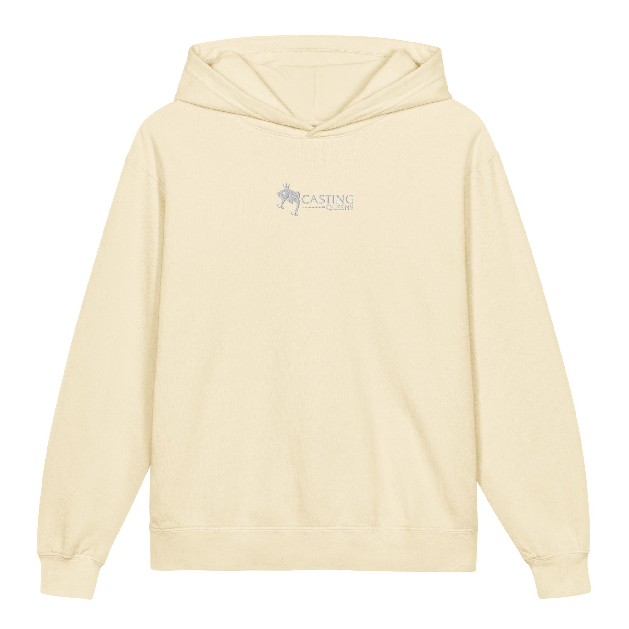 Ivory embroidered Casting Queens youth fishing hoodie featuring minimalist fish logo design, stylish outdoor fishing apparel for young anglers and everyday comfort.