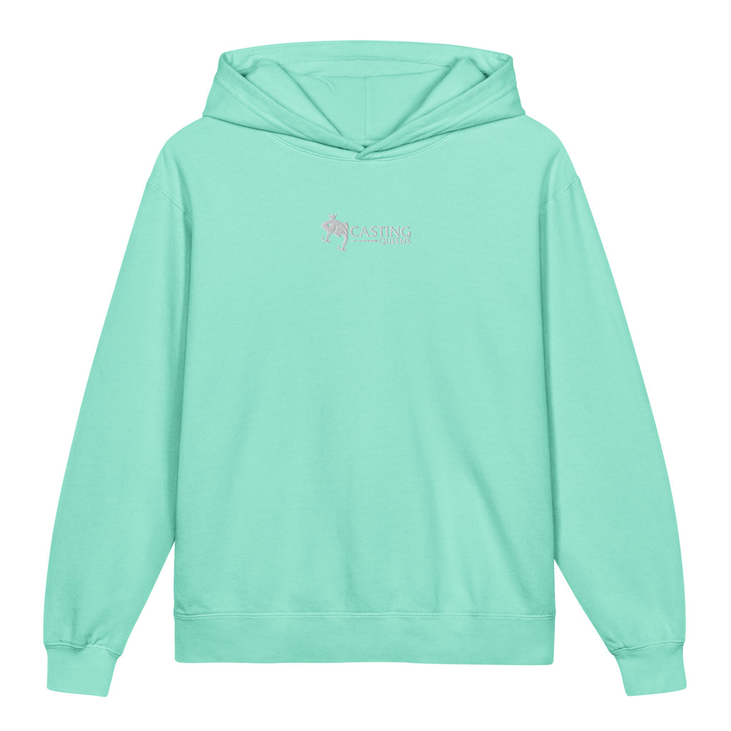 Teal embroidered Casting Queens youth fishing hoodie featuring minimalist fish logo design, comfortable outdoor fishing apparel for young anglers and everyday adventures.