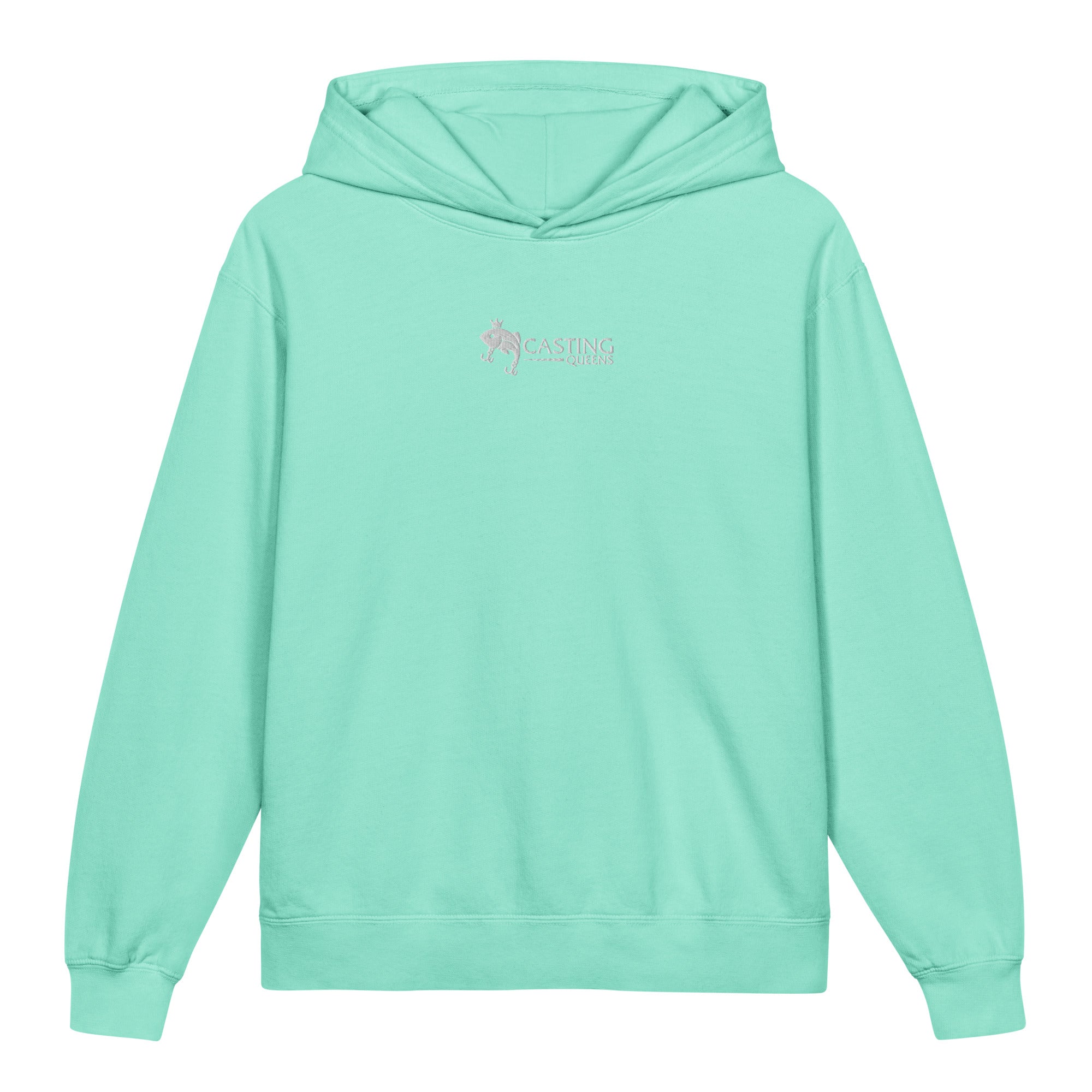 Teal embroidered Casting Queens youth fishing hoodie featuring minimalist fish logo design, comfortable outdoor fishing apparel for young anglers and everyday adventures.