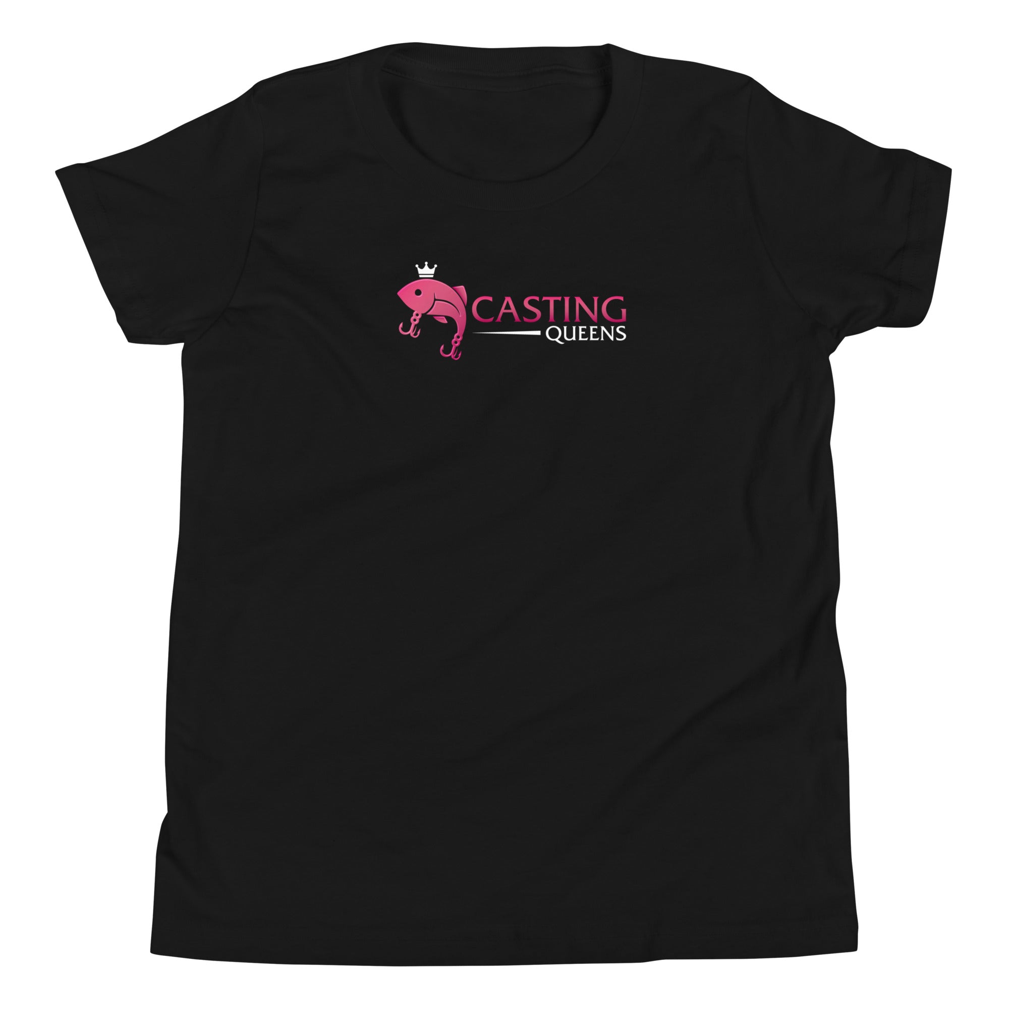 Black Casting Queens youth fishing t-shirt featuring pink fish logo design, comfortable outdoor fishing apparel for young anglers, boating, and everyday casual wear.