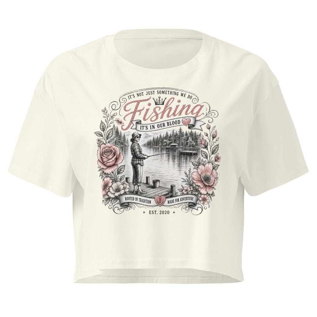 Ivory Casting Queens women’s fishing crop top featuring vintage floral lake scene graphic and inspirational fishing quote design, stylish outdoor fishing apparel for women anglers and lake life adventures.