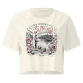 Ivory Casting Queens women’s fishing crop top featuring vintage floral lake scene graphic and inspirational fishing quote design, stylish outdoor fishing apparel for women anglers and lake life adventures.