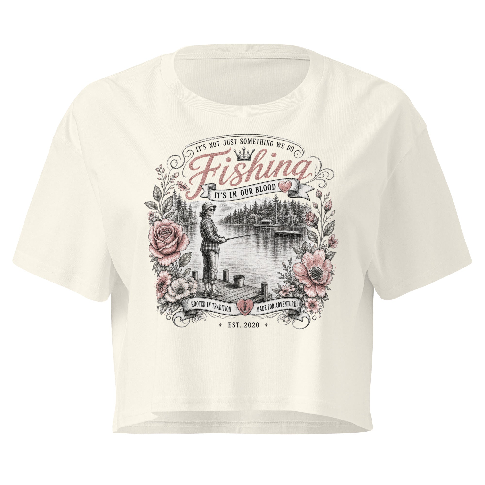Ivory Casting Queens women’s fishing crop top featuring vintage floral lake scene graphic and inspirational fishing quote design, stylish outdoor fishing apparel for women anglers and lake life adventures.