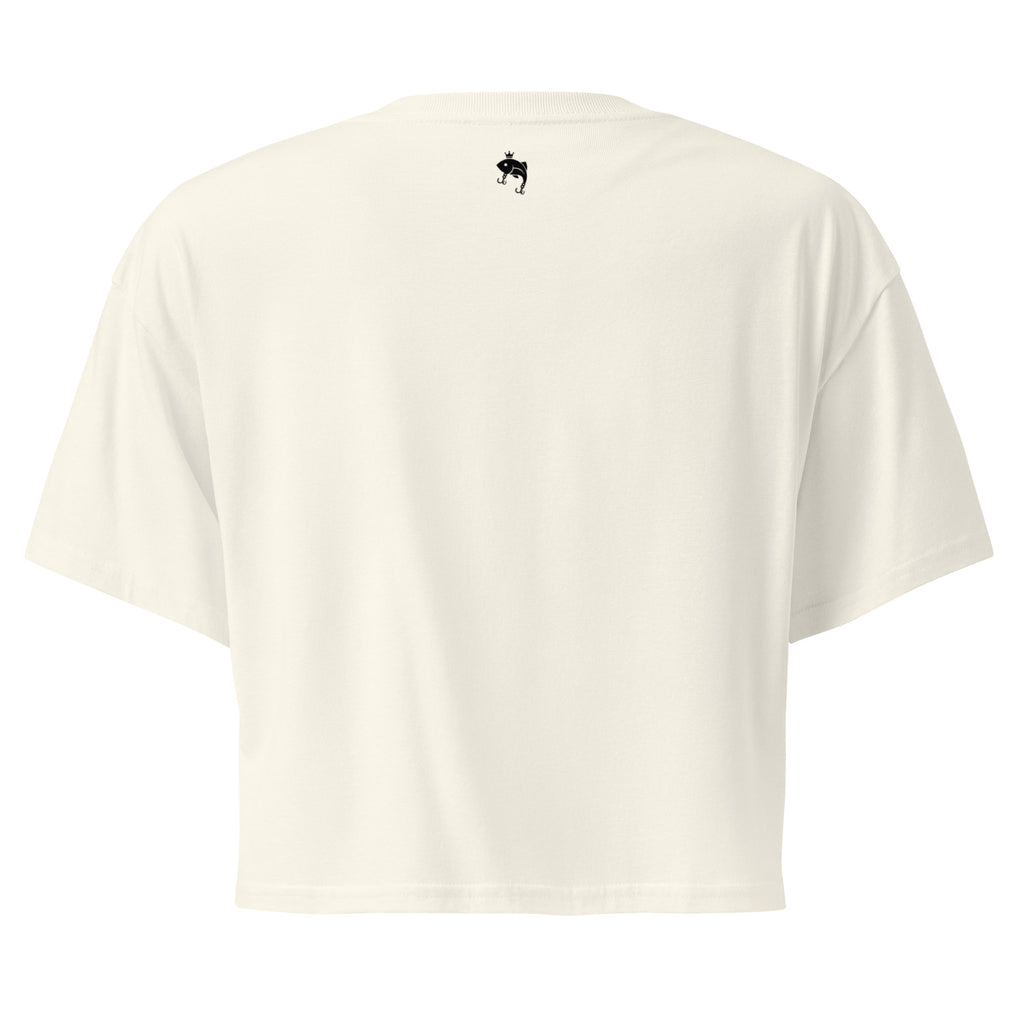 Back view of ivory Casting Queens women’s fishing crop top featuring relaxed fit design and soft outdoor fishing apparel style for women anglers and everyday lake life wear.