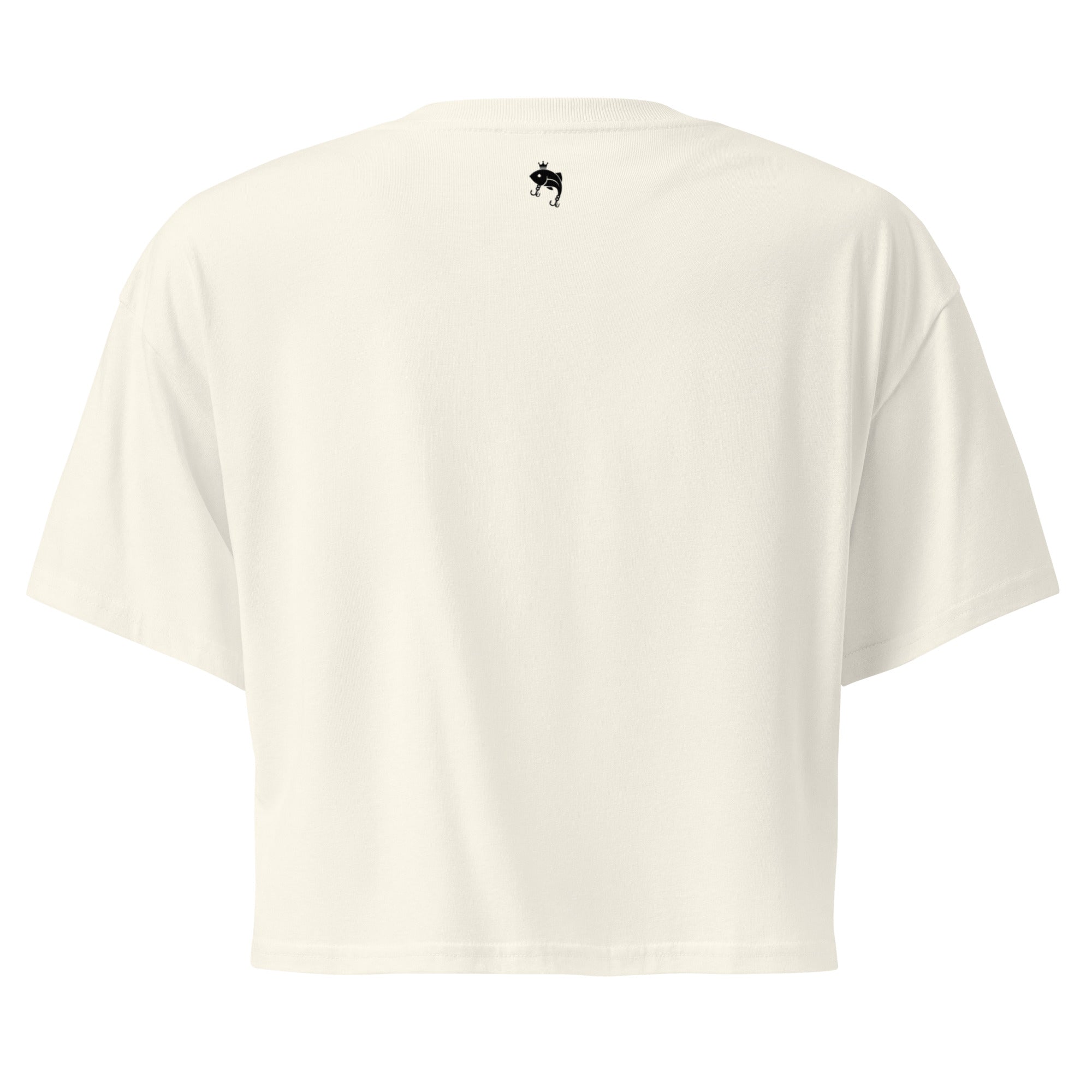 Back view of ivory Casting Queens women’s fishing crop top featuring relaxed fit design and soft outdoor fishing apparel style for women anglers and everyday lake life wear.