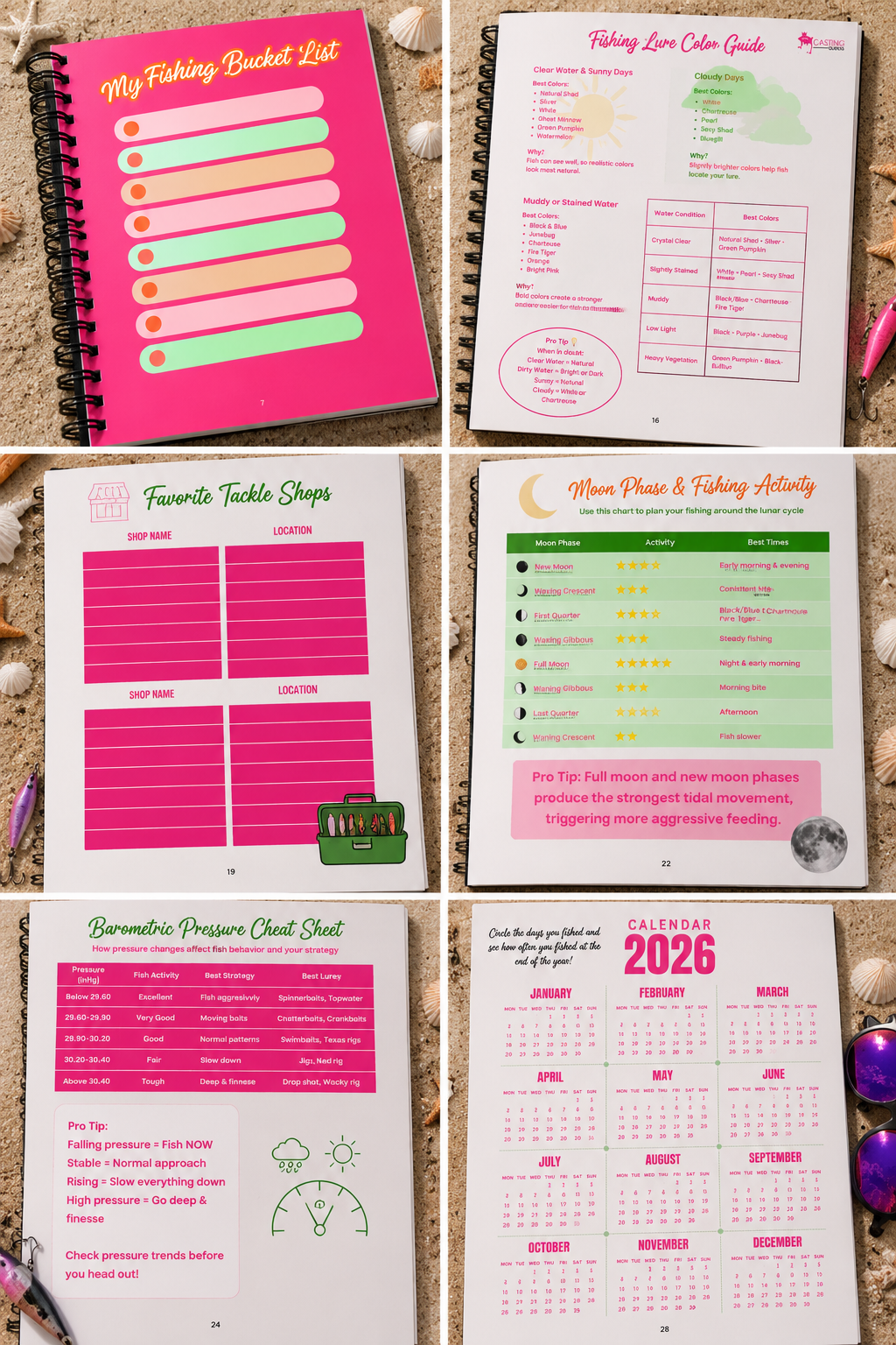 Interior pages, including fishing trip logs, bucket lists, calendars, tackle inventory, lure guides, moon phase charts, barometric pressure guide, personal best catches, trip planners, and fishing resources for women anglers.