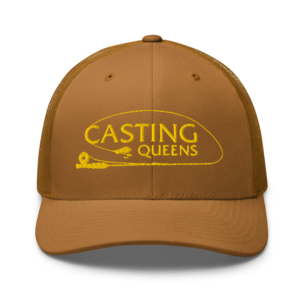 Brown Casting Queens trucker fishing hat featuring embroidered yellow logo design, stylish women’s fishing apparel accessory for boating, lake life, and outdoor adventures.