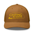Brown Casting Queens trucker fishing hat featuring embroidered yellow logo design, stylish women’s fishing apparel accessory for boating, lake life, and outdoor adventures.